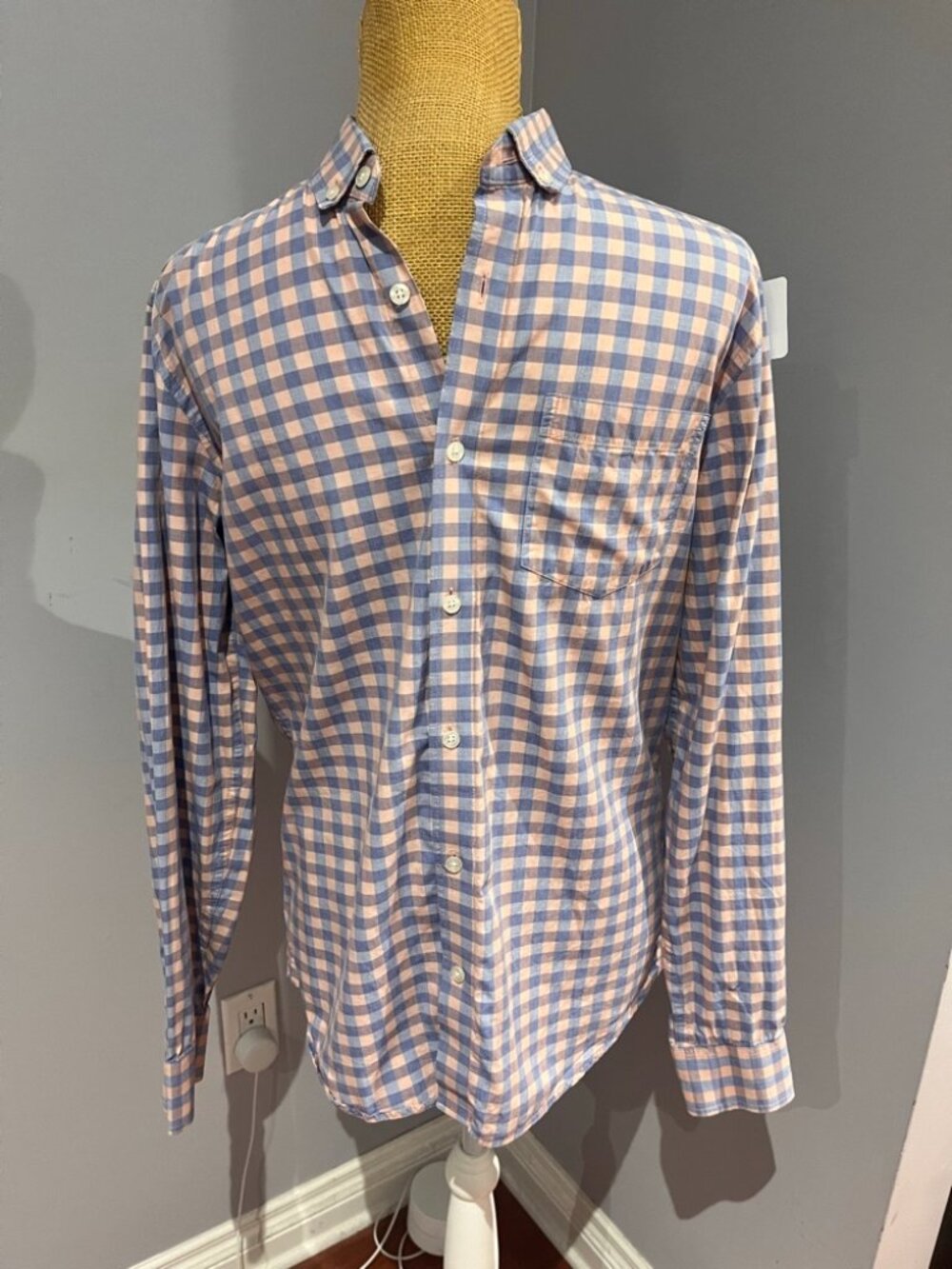 Tristan Fitted Gingham Plaid Long Sleeve Button Down Shirt Blue Peach Small S 14
